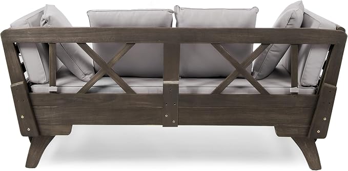 Christopher Knight Home Gary Patio Convertible Couch, Wooden Outdoor Daybed, 3-Seater Acacia Wood Patio Furniture Lounge Sofa for Backyard/Poolside/Garden, Back Pillow+Removable Cushion, Grey