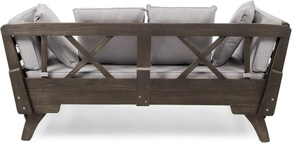 Christopher Knight Home Gary Patio Convertible Couch, Wooden Outdoor Daybed, 3-Seater Acacia Wood Patio Furniture Lounge Sofa for Backyard/Poolside/Garden, Back Pillow+Removable Cushion, Grey