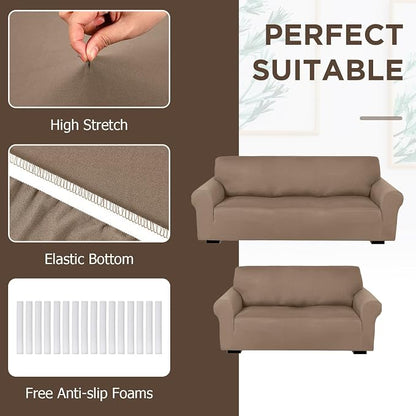 Peryiter 2 Pcs Couch and Loveseat Sofa Covers,Camel,Milk Silk | Armchair Covers for Living Room, Sofa Cushion Slipcover 2/3 Seater, Furniture Protector, Polyester and Spandex, Washable
