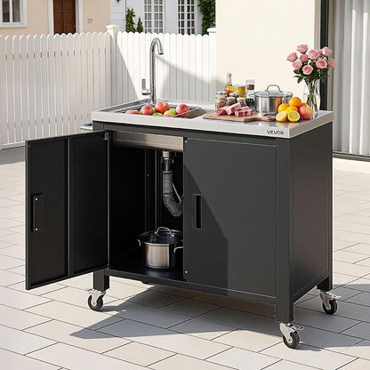 VEVOR Outdoor Grill Cart with Sink and Storage Cabinet, 38 Inch Grill Table, Waterproof Kitchen Island with Stainless Steel Top, Spice Rack, Wheel, Movable Food Prep Station for Patio Bar Backyard BBQ