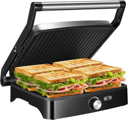 OSTBA Panini Press Grill, 4-Slice Sandwich Maker with Nonstick Plates | 1200W Heating with Adjustable Temperature, 180° Opening, Drip Tray, Stainless Steel, Easy Cleanup