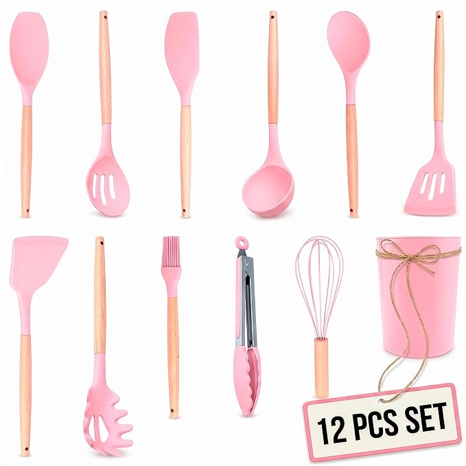 12 Pcs Pink Cooking Utensils Set with Holder for Nonstick Cookware | Silicone Kitchen Utensils Set for BBQ; Heat-Resistant Tools with Wooden Handles for Baking, Serving, Frying, and Mixing
