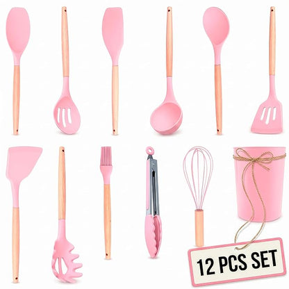 12 Pcs Pink Cooking Utensils Set with Holder for Nonstick Cookware | Silicone Kitchen Utensils Set for BBQ; Heat-Resistant Tools with Wooden Handles for Baking, Serving, Frying, and Mixing