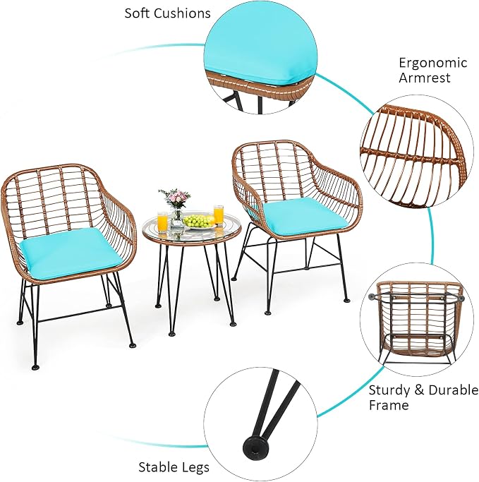 Tangkula 3 Pieces Patio Conversation Bistro Set, Outdoor Wicker Furniture w/Round Tempered Glass Top Table & 2 Rattan Armchairs, Bistro Chat Set w/Seat Cushions for Porch, Backyard, Garden