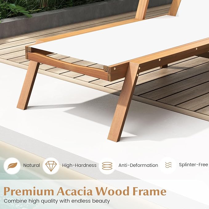 Tangkula Wood Chaise Lounge Chair Outdoor, Patio Sun Lounger with Adjustable Back, Acacia Wood Lounge Chair with Breathable Fabric for Poolside Lawn Backyard