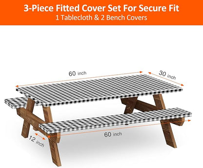 5ft 60" Picnic Table and Bench Cover, 3 Pack, Black-White Checkered | Waterproof Windproof, Elastic Fitted Edges Tablecloth, for Rectangle Table & Seat, Camping Essentials RV Gear