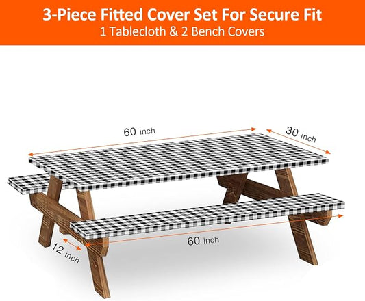 5ft 60" Picnic Table and Bench Cover, 3 Pack, Black-White Checkered | Waterproof Windproof, Elastic Fitted Edges Tablecloth, for Rectangle Table & Seat, Camping Essentials RV Gear