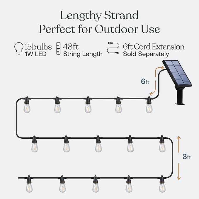 Brightech Ambience Pro Solar Powered Outdoor String Lights, 48 ft Commercial Grade Waterproof Patio Lights, 15 Edison Bulbs, Shatterproof LED String Lights for Outside, Porch - 1W Warm White