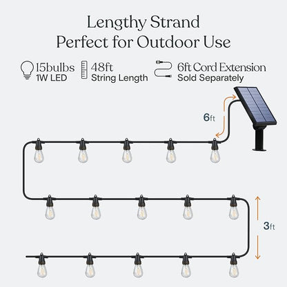Brightech Ambience Pro Solar Powered Outdoor String Lights, 48 ft Commercial Grade Waterproof Patio Lights, 15 Edison Bulbs, Shatterproof LED String Lights for Outside, Porch - 1W Warm White