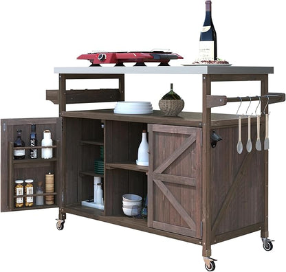 Outdoor Kitchen Island with Stainless Steel Top, Rolling Grill Cart with Storage Cabinet, Farmhouse Solid Wood Prep Station with Spice & Towel Rack for Patio BBQ.Suitable for backyards, etc.