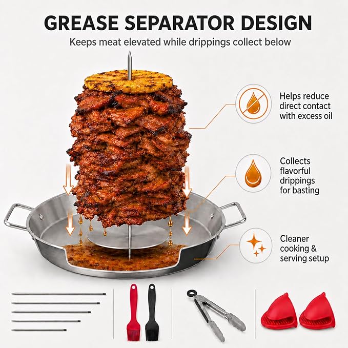Al Pastor Skewer for Grill, 13 Inch Stainless Steel Vertical Skewer Pan with 5 Spikes, Grease Separator Tray, Tongs, Gloves & Basting Brushes, Shawarma Gyro Kebab Stand for Oven Smoker BBQ