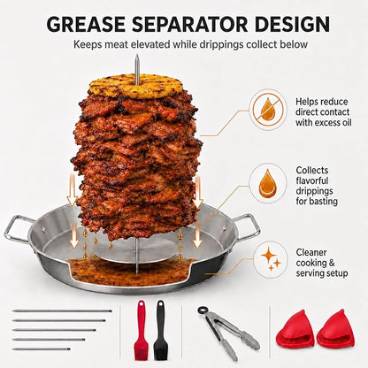Al Pastor Skewer for Grill, 13 Inch Stainless Steel Vertical Skewer Pan with 5 Spikes, Grease Separator Tray, Tongs, Gloves & Basting Brushes, Shawarma Gyro Kebab Stand for Oven Smoker BBQ