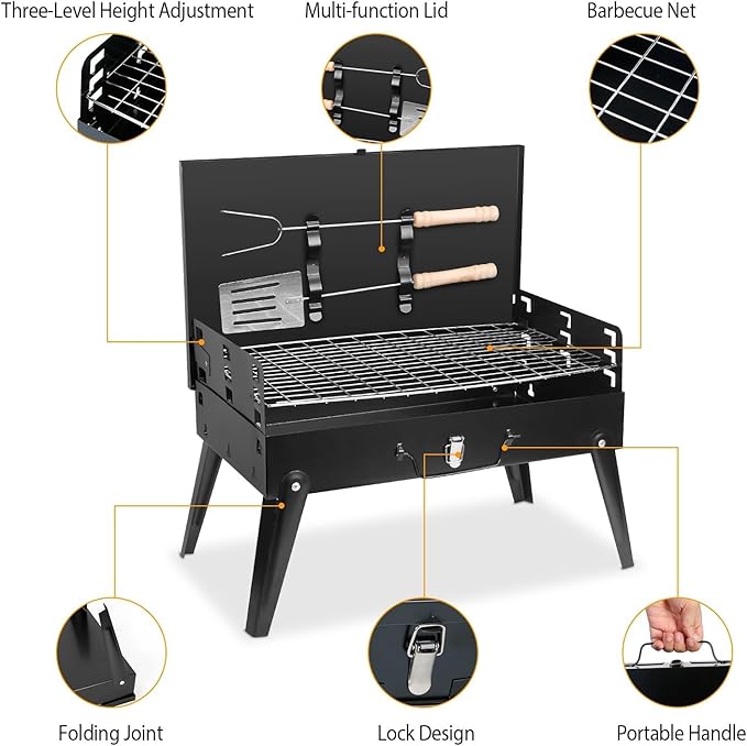 KOCASO Portable Charcoal Grill, Foldable BBQ Suitcase Grill Shelf for Outdoor Camping Picnics Garden Grilling – 16.7x10x17.7 in