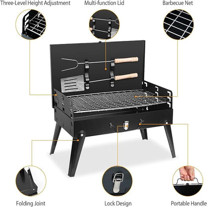 Charcoal Grill, Portable BBQ Foldable Barbecue Charcoal Grill Suitcase Grill Shelf for Outdoor Cooking Camping Picnics Garden Grilling/16.7x10x17.7inches