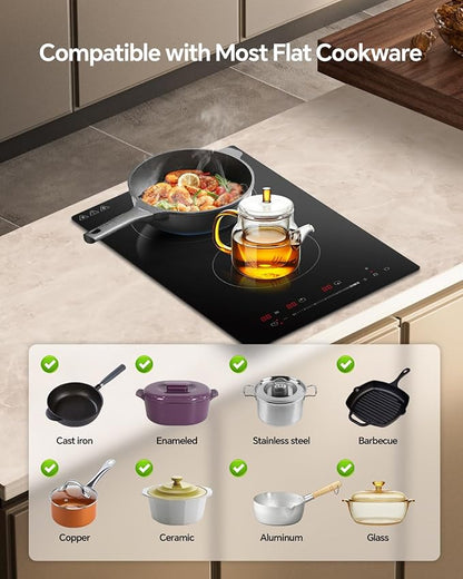Ranein GEN II 12 Inch 2 Burner Electric Cooktop, Max 3000W 240V Ceramic Panel Built-in Electric Stove Top, with Child Safety Lock, Timer, Over-Temperature Protection