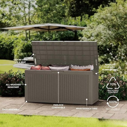 150 Gallon Outdoor Storage Box Patio Deck Box Waterproof, Resin Lockable Outside Large Storage Bin for Pool Cushion Furniture, Garden Tools UV-Resistant, Grey