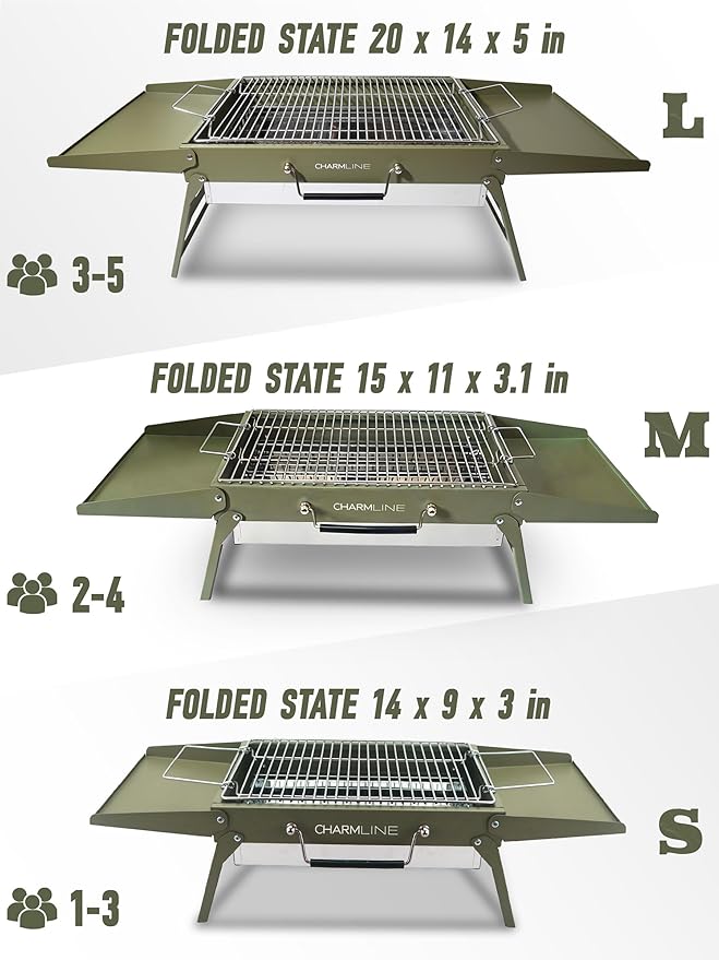 Charmline 14 x 9 inches Portable Charcoal BBQ Grill, Foldable Compact Camping Barbecue for 1–3 People, Ideal for Garden, Beach, Picnic & Tabletop Use, Green