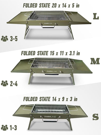 Charmline 14 x 9 inches Portable Charcoal BBQ Grill, Foldable Compact Camping Barbecue for 1–3 People, Ideal for Garden, Beach, Picnic & Tabletop Use, Green