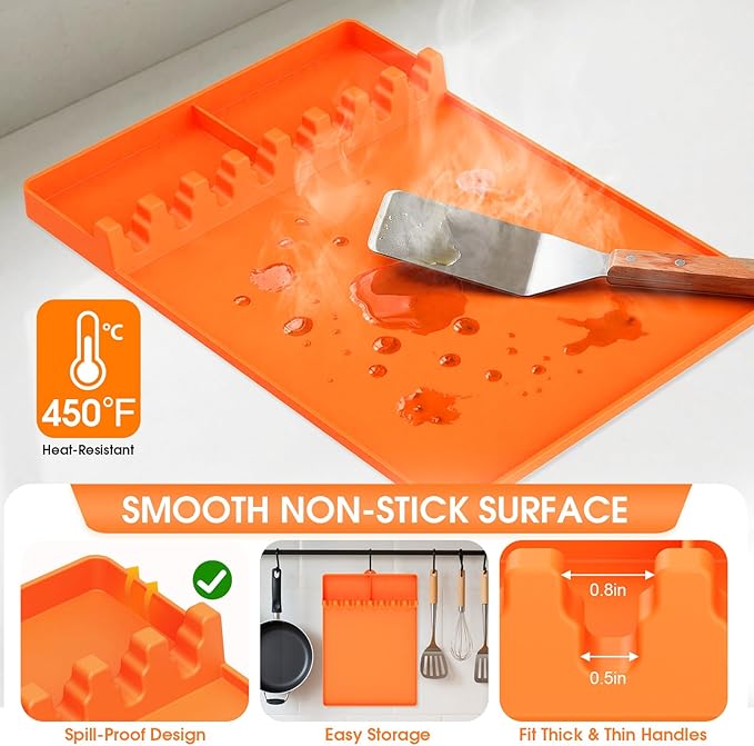 Silicone Grill Mats Compatible with Blackstone, Spatula Tools Mat with Drip Pad, Griddle Mats BBQ Grill Accessories, Side Shelf Pad for Kitchen Counter Outdoor Grill, Easy Clean, Orange