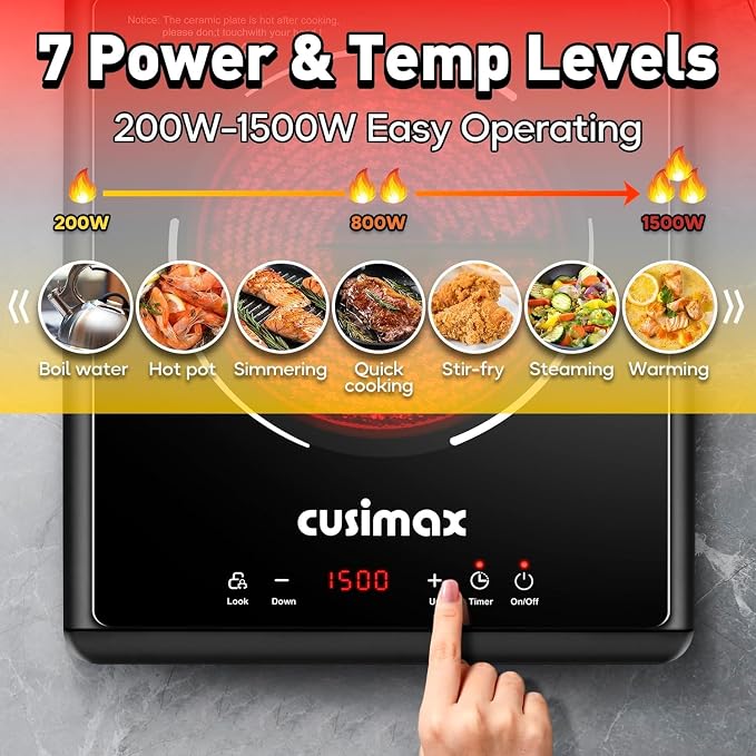 CUSIMAX 1500W Hot Plate, Portable Infrared Electric Stove for Home with 7 Speed,Ceramic Countertop Stove Sensor Touch,Kids Safety Lock and Timer,Compatible for All Cookwares
