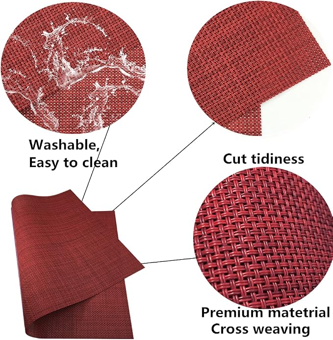 WAZAIGUR Placemats Easy to Clean Crisscross Woven Vinyl Place Mats Durable Non-Slip Heat Resistant Table Mats Placemats for Kitchen Table Set of 4,Red