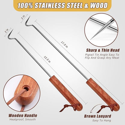 2Pcs Food Flipper Turner Hooks Stainless Steel BBQ Meat Turners Cooking Barbecue Hooks Grill Accessories with Wooden Handle for Grilling & Smoking (17.5 in+12.5 in)
