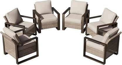 Joyside Outdoor Patio Chairs Set, 6 Pieces Wicker Rattan Chairs with Metal Wide Armrest, Thick Cushions and Deep Seating for Garden, Backyard, Porch, Deck