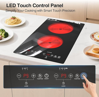 2100W Electric Cooktop 2 Burners 110V, 12" Electric Stove Top Hot Plate with Touch Control, Countertop & Built-in Ceramic Cooktop, Keep-Warm, Timer, Child Safety Lock, Compatible with All Cookware