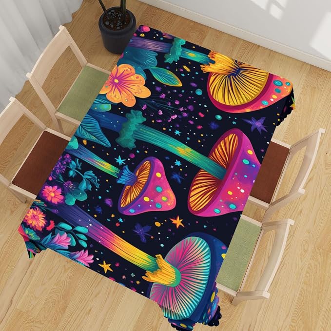 Mushrooms Decorative Rectangle Table Cloth Magic Psychedelic 60S Hippie Vintage Rectangle Table Cover Anti-Oil Tablecloth for Dining Tables, Parties, Wedding and Banquet Decoration 52" x 70"