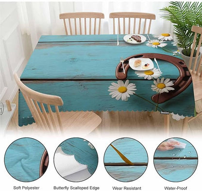 Daisy Dinner Table Cloths Rustic Wooden Horseshoe Daisy Decorative Tablecloth for Rectangle Tables 52"X70", Heavy Duty Table Covers Tablecloths for Kitchen Patio Banquet