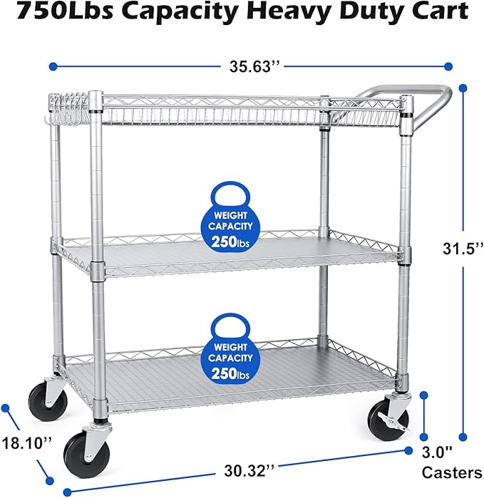 Heavy Duty 3 Tier Utility Cart,Wire Rolling Carts with Wheels, Commercial Grade Service Cart with Shelving Liners and Handle Bar Metal Carts for Kitchen Office Hardware