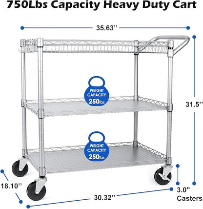 Heavy Duty 3 Tier Utility Cart,Wire Rolling Carts with Wheels, Commercial Grade Service Cart with Shelving Liners and Handle Bar Metal Carts for Kitchen Office Hardware