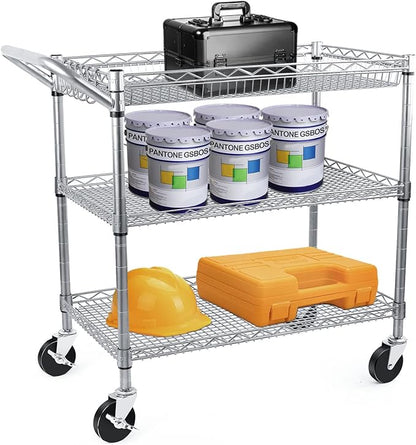 Heavy Duty 3 Tier Utility Cart,Wire Rolling Carts with Wheels, Commercial Grade Service Cart with Shelving Liners and Handle Bar Metal Carts for Kitchen Office Hardware