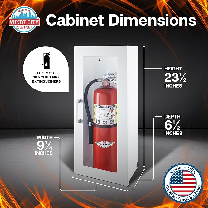 Fire Extinguisher Mount for Wall & Surface - 22 Gauge Steel, USA Made - Fire Extinguisher Cabinet Storage w/Metal Handle - Indoor & Outdoor Use - 24.5H x 9.25W x 6.5D - White