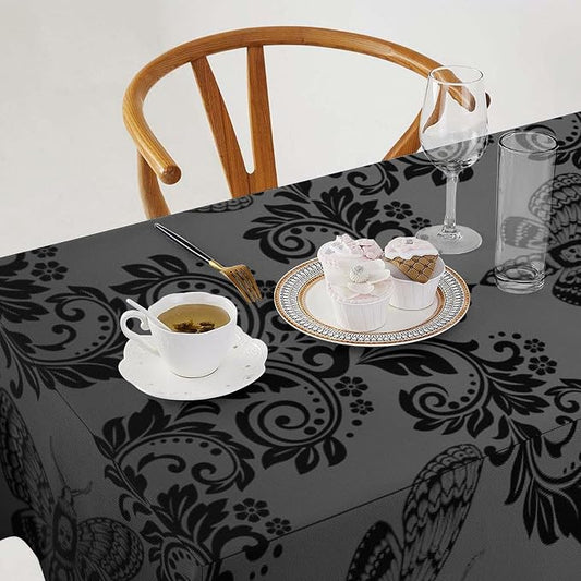 Black Damask Tablecloth Gothic Vintage Floral Skull Exotic Moth Antique Table Cloth Water Resistant Wipeable Table Cover for Farmhouse Party Holiday Kitchen Dinner Table 60x110