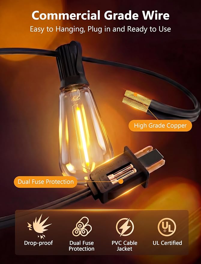 20FT ST40 LED Outdoor String Lights with 22 Shatterproof Vintage Edison Bulbs, Patio String Lights Waterproof for Backyard Porch Garden Balcony Party Bistro Decorations,2700K Warm White, Black Wire