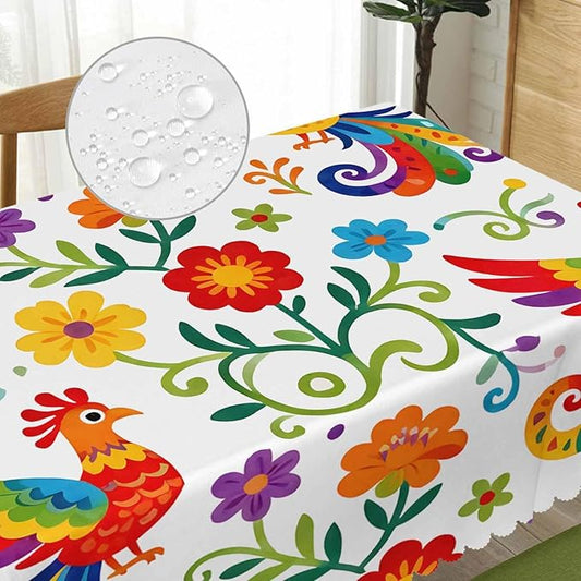 Decorative Rectangle Tablecloth 52"X70" Mexican Birds, Rainbow Paisley Birds Floral Wrinkle Free Table Cover, Picnic Table Cloths for Parties, Weddings, Kitchen