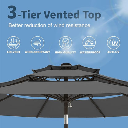 PatioKingdom 9ft 3-Tier Patio Market Umbrella with Crank/Tilt, Commercial Heavy Duty Wind Proof,Outdoor Table Umbrella with 8 Fiberglass Ribs,UPF50+ for Deck,Pool,Garden,Backyard (Gray)