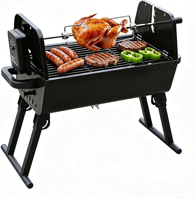 Flintex 2 in 1 Portable Porcelain Enameled Charcoal Grill with Rotisserie, Motorized Electric Spit, Foldable BBQ Grill, 262 sq.in, Height Adjustable for Camping Tailgating