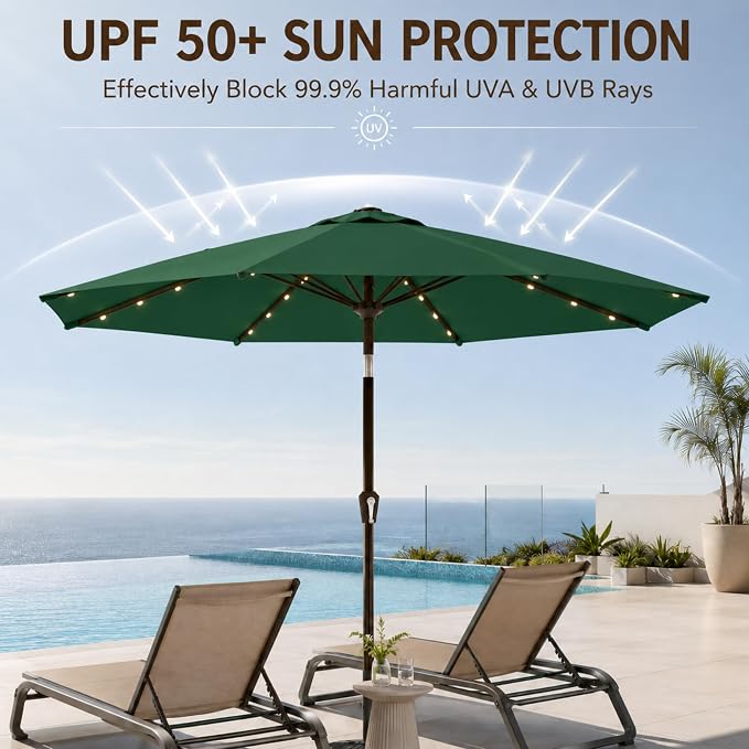11FT Solar Lighted Patio Umbrella, Outdoor Table Market Umbrellas with Crank Lift, 32 LED Lights, 8 Sturdy Ribs, UV-Resistant for Deck, Garden, Pool