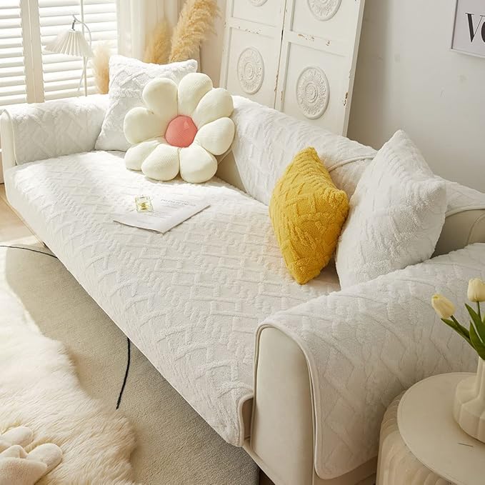 vctops Geometric Jacquard Plush Sofa Couch Covers Farmhouse Neutral Non Slip Sectional Couch Cover Soft Warm Sofa Slipcover for Dogs, Children, Pets Furniture Protector (White,28"x70")