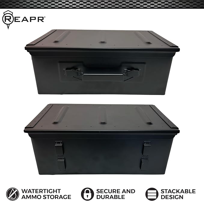 Reapr Steel Ammo Can, Heavy Duty Locking Metal Ammo Storage Box, Airtight and Watertight 30 Cal or 50 Cal Case for Rifle, Shotgun, Pistol, Military Footlocker Style Tool and Gear Organizer