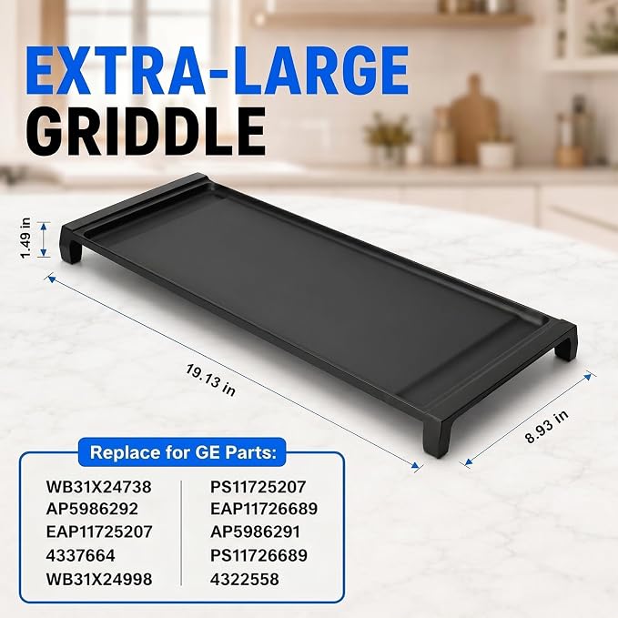 Upgraded WB31X24738 Cast Iron Griddle Replacement for GE Stove Cooktop | Fit for GE Gas Range; Replaces WB31X49806 and WB31X24998 Center Griddle Plate; Nitrided Nonstick Flat Top Pan, 19.5 x 9 in