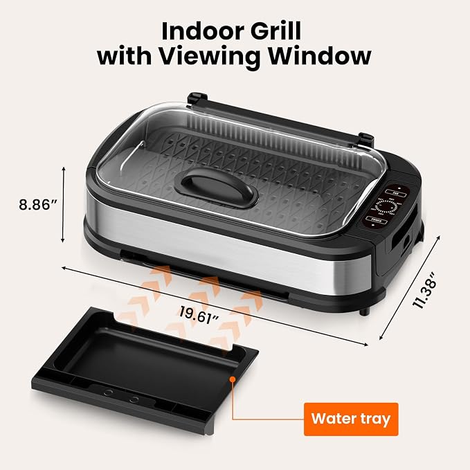 Electactic Indoor Smokeless Grill & Griddle, Nonstick Electric Grill with Adjustable Temperature Control, Dishwasher-Safe Parts and Auto Shut-Off for Everyday Cooking