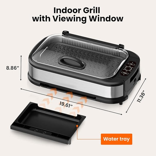 Electactic Indoor Smokeless Grill & Griddle, Nonstick Electric Grill with Adjustable Temperature Control, Dishwasher-Safe Parts and Auto Shut-Off for Everyday Cooking