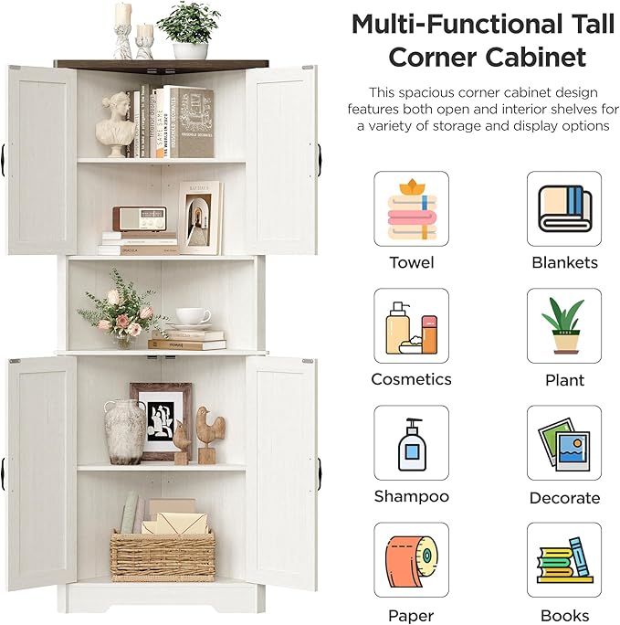 Vabches Tall Corner Cabinet, Corner Bathroom Cabinet, 67" Farmhouse Storage Cabinet with 4 Doors and Adjustable Shelves, Home Space Saver for Bathroom, Kitchen, Living Room, Pantry, Distressed White