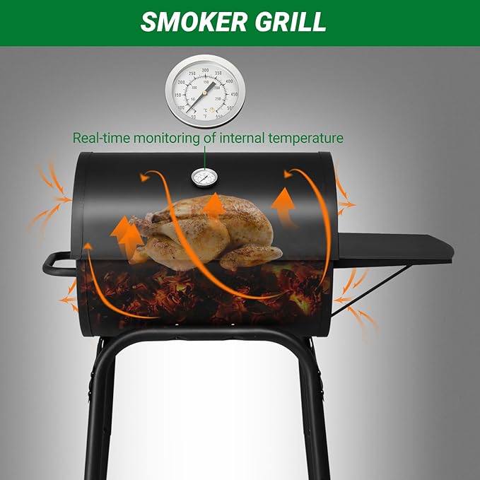 Charcoal Grill with Side Table and Wheels, Large Outdoor BBQ Grill, Barrel Grill with Adjustable Height Charcoal Pan, Temperature Gauge & Ash Tray for Backyard, Camping, Patio Parties