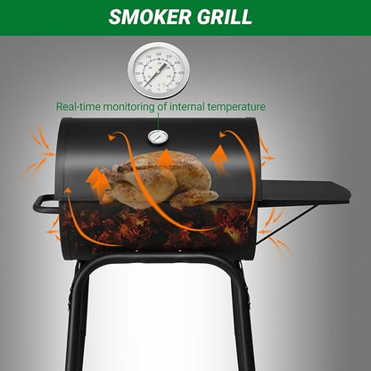 Charcoal Grill with Side Table and Wheels, Large Outdoor BBQ Grill, Barrel Grill with Adjustable Height Charcoal Pan, Temperature Gauge & Ash Tray for Backyard, Camping, Patio Parties