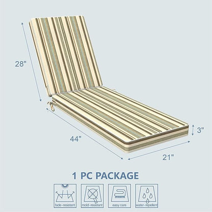 LVTXIII Outdoor Chaise Lounge Cushion 72x21x3 Inch, Water-Repellent Patio Seat Cushion with Ties & Hidden Zipper, Thick Foam Pad for Lawn Chair, Poolside, Patio Furniture, Stripe Onyx