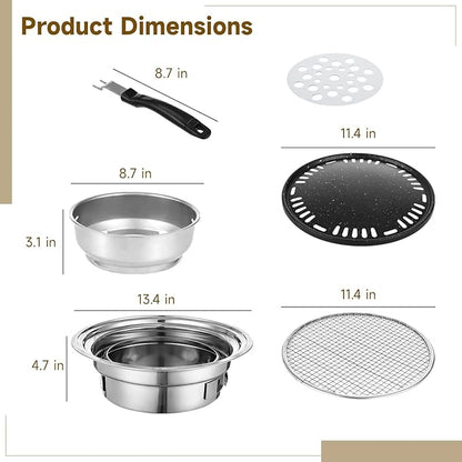 Korean BBQ Charcoal Grill Set, Stainless Steel Tabletop Grill with Maifan-Stone Pan, Mesh Rack, Charcoal Bowl, 13.4 in Portable Grill for Outdoor Cooking, Indoor Korean BBQ, Camping, Patio Grilling